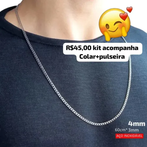 Kit Corrente e Pulseira Masculina em Aço Inoxidável 4mm