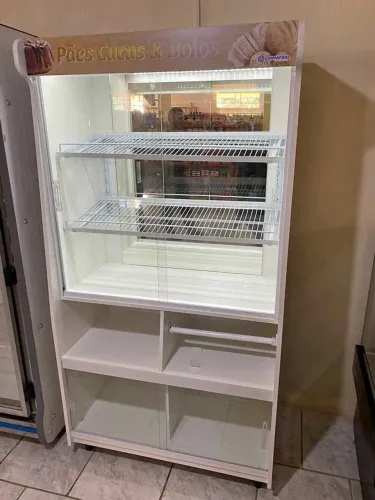 Armário expositor pão MDF 1M porta vidro de correr e espelho - Marcos 