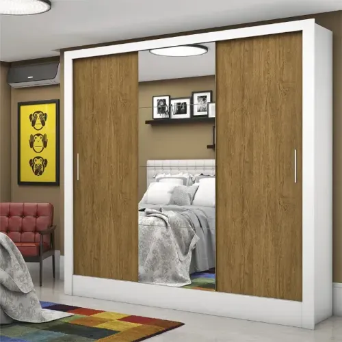 Guarda-Roupa Santiago Plus - 3 Portas de Correr com Espelho Central e 3 Gavetas Internas
