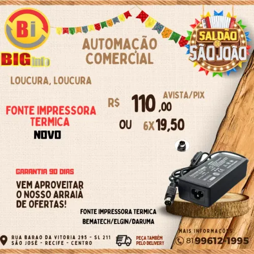 Fonte de Alimentação Impressora Térmica Elgin Bematech Daruma 24v 3a