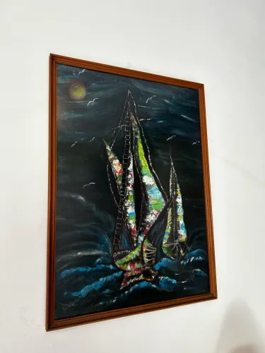 Quadro Pintura em Tela Assinada - Veleiro no mar 
