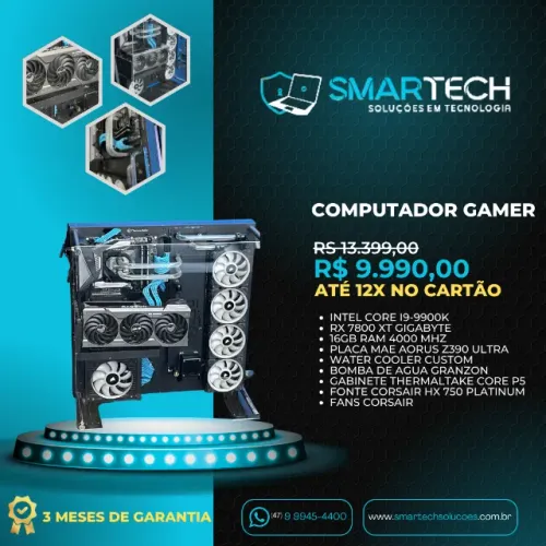 Computador Gamer Water Cooler Custom, i9-9900K, 16gb ram 4000mhz, ssd nvme 1TB (sem gpu)