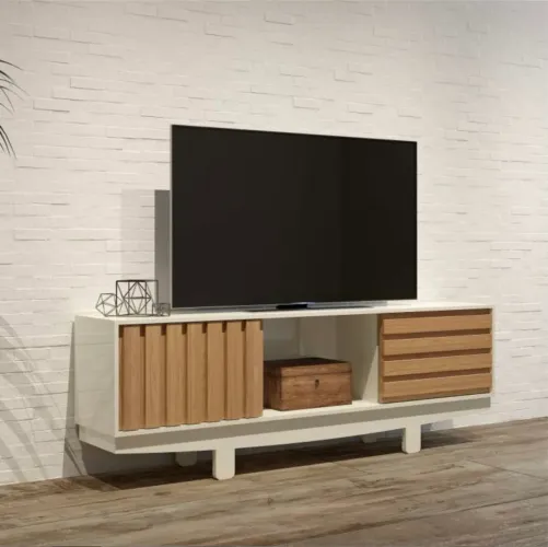 Rack Vintage até 60? (1,80m) - Estrutura 100% MDF com Detalhes Retrô e Portas de Correr