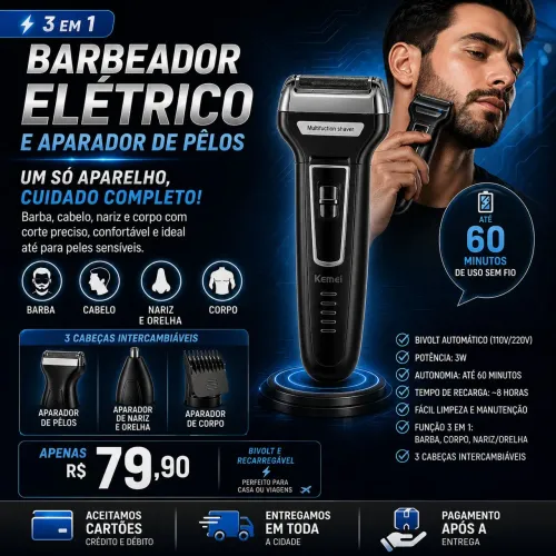 BARBEADOR ELÉTRICO E APARADOR DE PÊLOS 3 EM 1