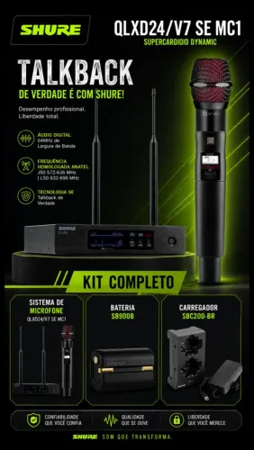 Microfone Shure Profissional QLXD24 V7 SE Com TalkBack Carregador Duplo e Bateria