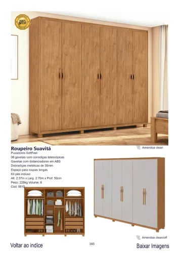 Roupeiro Suavitá c/pés 100% MDF 2.70m 6 portas 6 gavetas