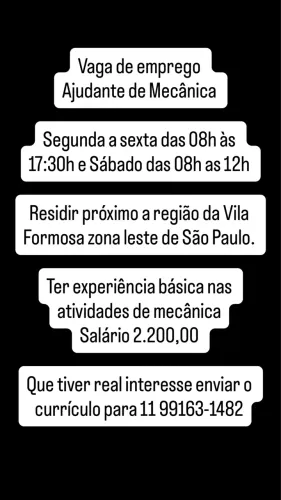 Vaga de emprego de ajudante de mecânica na vila formosa zona leste de São Paulo