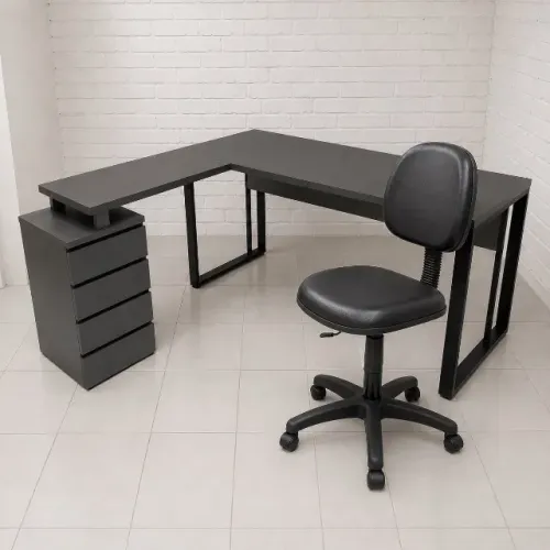 mesa em L modelo happy com gaveteiro com 4 gavetas 1,35 x 1,40m