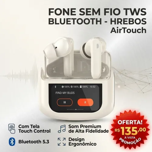 Fone de Ouvido Sem Fio TWS Bluetooth, Bege / Off-White - Hrebos AirTouch