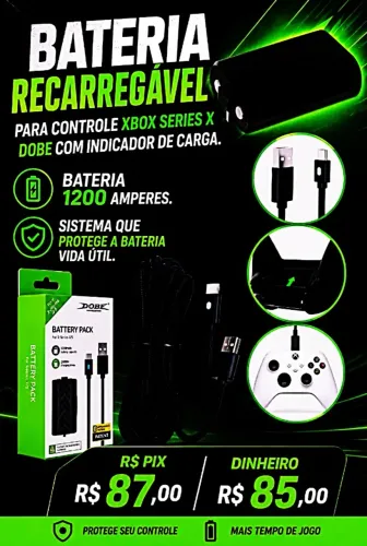 Bateria Dobe 1200Amh Para  Xbox S/X Com Cabo de Nylon 3 Metros Indicação Carga. Cabo PS3