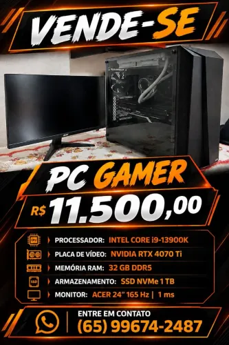 PC Gamer i9-13900K + RTX 4070 Ti, 32GB DDR5 + Monitor Acer 165Hz aberto a propostas