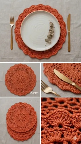 Jogo De Sousplat Americano Crochê 100% Algodão Mesa Posta Terracota - Kit 5 Peças
