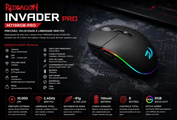 Mouse Gamer Sem Fio Redragon Invader Pro RGB - Novo Lacrado Pronta Entrega
