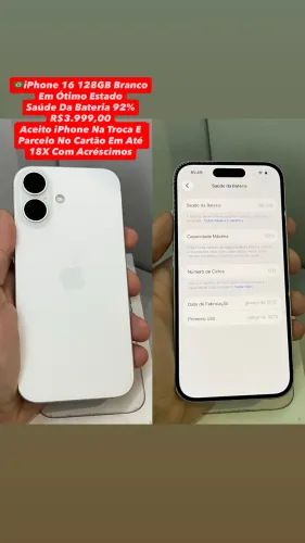 iPhone 16 128GB Branco - Saúde Da Bateria 92% (Usado)
