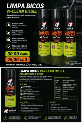LIMPA BICOS W-CLEAN DIESEL WOLF CHEMICAL - 500 mL (NOVO
