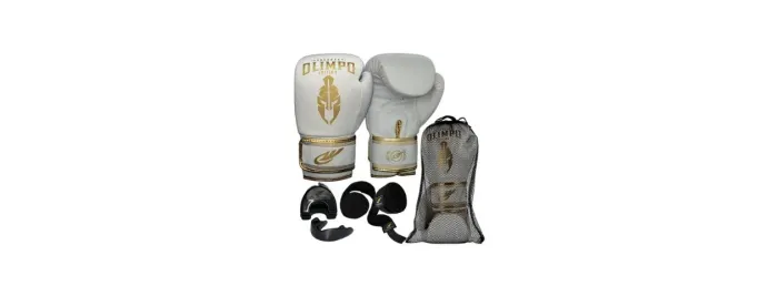 Kit Luva de Boxe Muay Thai Olimpo Branca/Dourada + Bandagem + Bucal