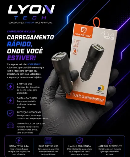 Carregador Veicular Duplo H'Maston Turbo 4.1A - Rápido e Seguro (12V/24V)
