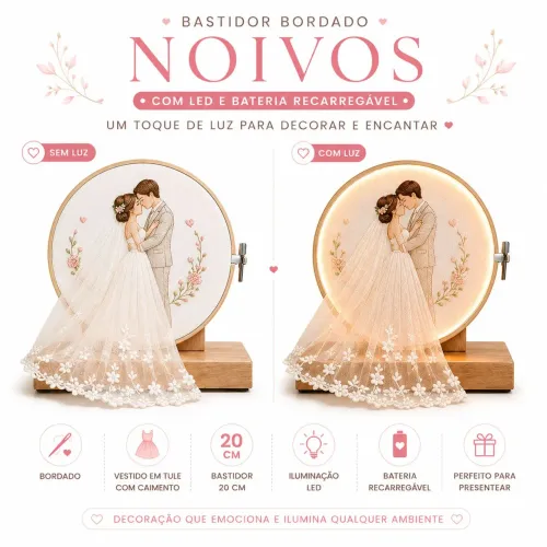 Bastidor noivos bordado luminária 20cm recarregável