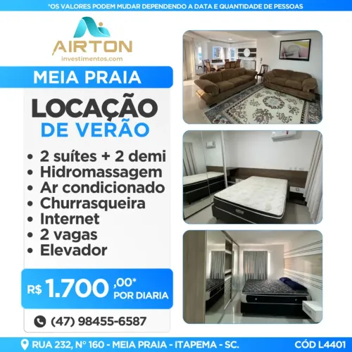 LOCAÇÃO DE VERÃO- 4 SUITES SENDO 2 DEMI, 150 MTS DO MAR EM MEIA PRAIA - ITAPEMA -SC