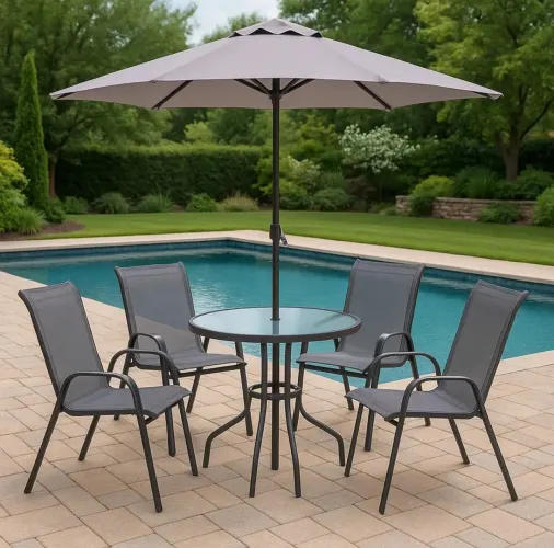 Jogo de cadeiras sofisticado com mesa e guarda sol (externo)