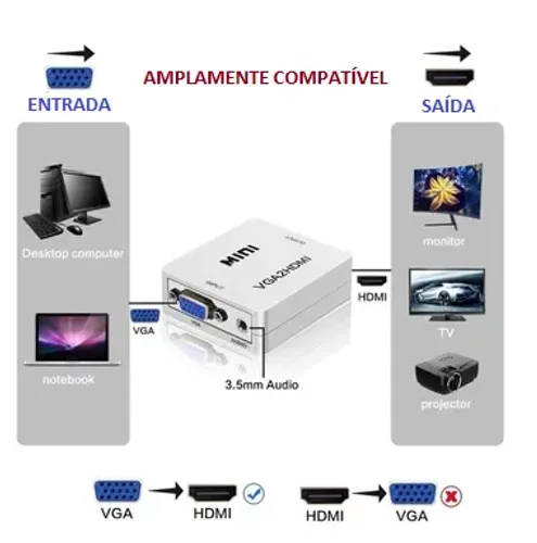 Kit Conversor Adaptador VGA para HDMI incluindo cabo de vídeo e cabo HDMI