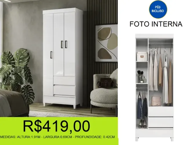 Roupeiro 3 portas de qualidade - Compre hoje e receba em até 2 dias úteis