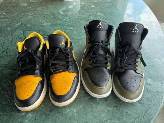 2 tênis Air Jordan 1 Originais, sendo um cano alto e outro cano baixo