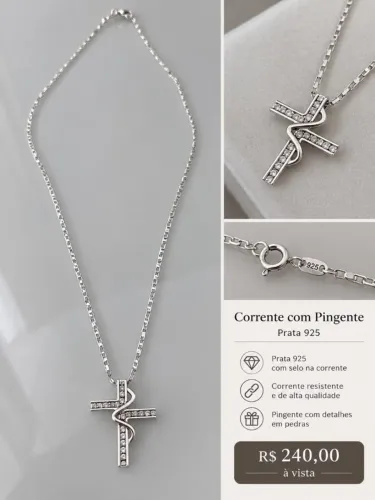 BAIXEI PRA HJ!! CORRENTE PRATA 925 COM PINGENTE CRUZ + SERPENTE - NOVA