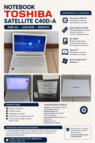 Notebook Toshiba Satellite C40D-A AMD A6 6GB RAM Branco + Carregador
