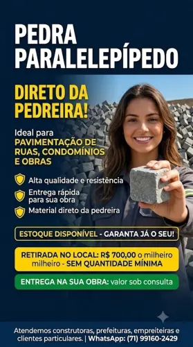 PEDRA PARALELEPÍPEDO DIRETO DA PEDREIRA | ENTREGA RÁPIDA | ESTOQUE DISPONÍVEL | ITATIM-BA