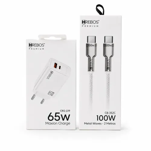 Carregador Turbo Hrebos 65W GaN Original + Cabo USB-C 2m 100W