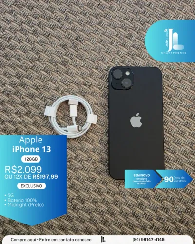 IPHONE 13, 5G, 128GB,  PRETO, BAT 100%,, SEMINOVO, EXCLUSIVO!