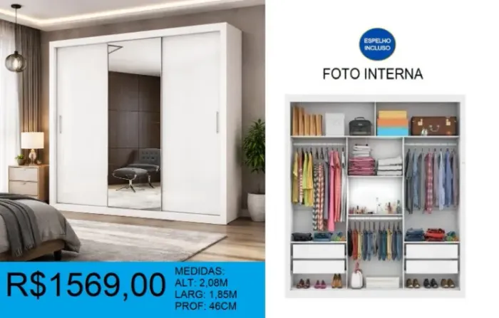 Roupeiro porta de correr com espelho - frete gratuito