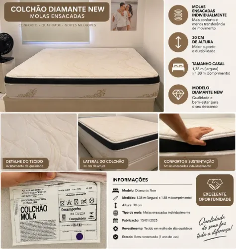 Colchão Diamante New, de molas ensacadas individualmente, 1,88 × 1,38 m (casal)