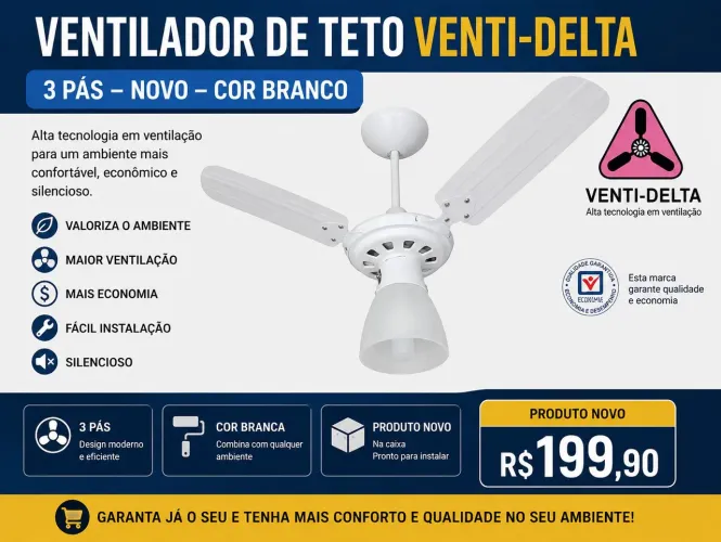 Ventilador de Teto Venti-Delta - 3 Pas - Novo - Branco