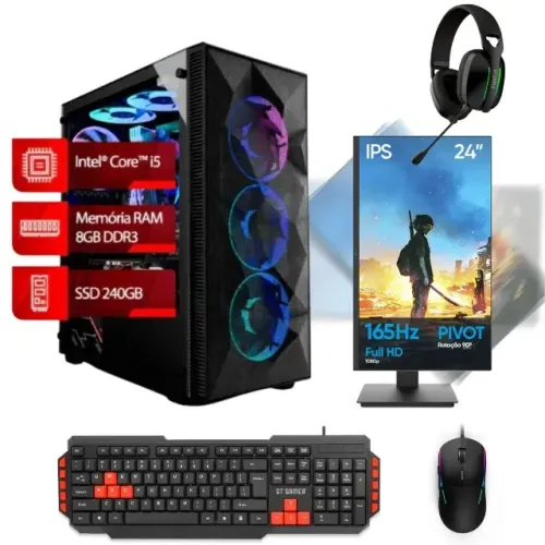 PC Gamer Completo i5 8GB, SSD 240GB, Linux, Goldentec + Monitor Pivot 24" OX Órbita IPS Fu