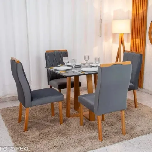 Mesa de Jantar Lisboa 90x90 C/4 Cadeiras em Veludo e Madeira Maciça rf47 S