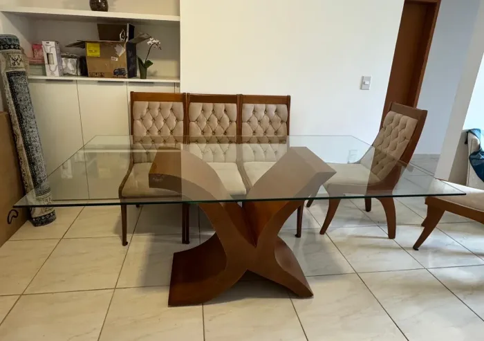 mesa design madeira c 6 cadeiras super confie 