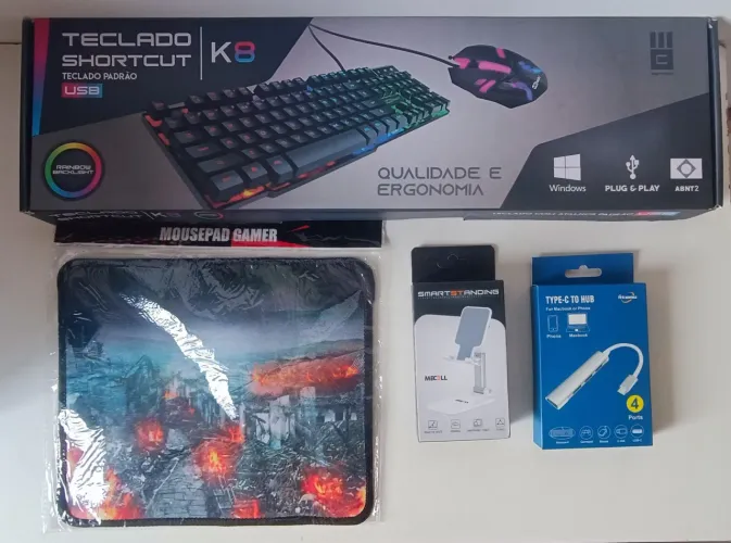Kit Mobilador Gamer Completo Teclado, Mouse, Mousepad e Hub USB Tipo C, Suporte.
