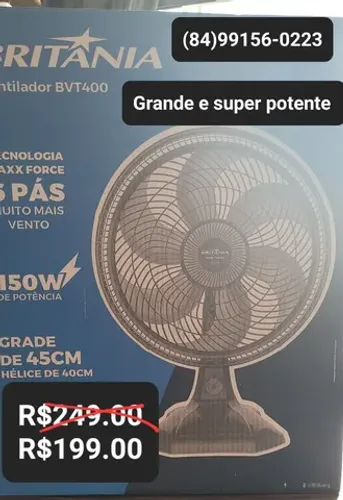  VENTILADOR GRANDE E SUPER POTENTE BRITÂNIA 150W DE POTÊNCIA LACRADO-R$199.00 AVISTA. 