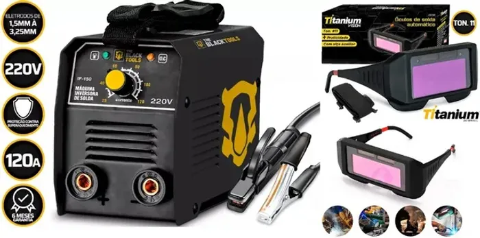Kit Soldador Profissional com Máquina Compacta Profissional 120A e Óculos Solda Automático