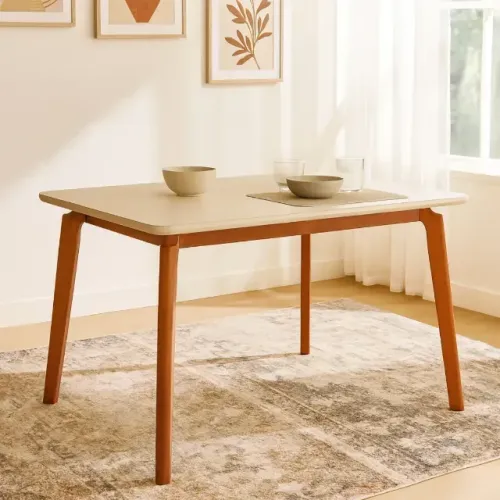 Mesa Jantar Luxo, 160cm, Tampo de vidro Bege, Chanfrado, Base Madeira Mel