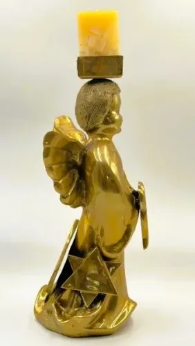 Grande e pesado Castiçal bronze temática judaica Anjo símbolo Chai e estrela de David 