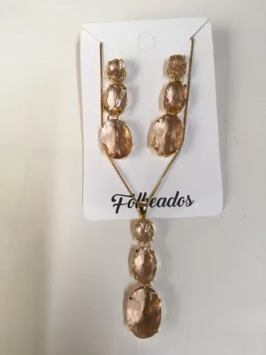 Colar e Brinco Dourado com Zircônia Oval Conjunto Semijoia Rosa Pêssego - NOVO