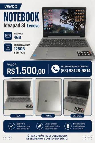 Vendo notebook marca Ideapad 3i Lenovo, memória 4GB e armazenamento 128GB<br>Memória 4GB