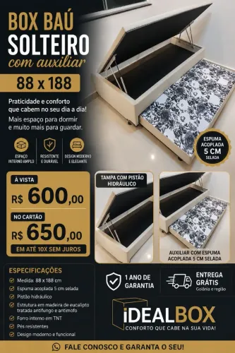BOX BAÚ SOLTEIRO COM AUXILIAR 88*188
