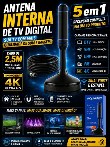 ANTENA INTERNA DE TV DIGITAL AQUÁRIO DTV-100 ? MAIS QUALIDADE NA SUA TV!