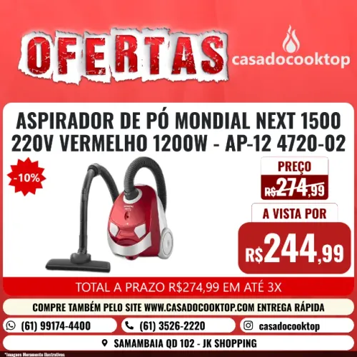 ASPIRADOR DE PÓ MONDIAL NEXT 1500 220V VERMELHO 1200W - AP-12 4720-02
