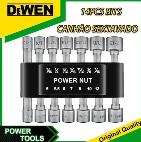 Kit de Soquetes Bits Canhão Sextavado, 14 Peças