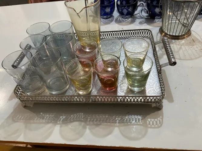 Lote Desapego Kit Bar Vintage - Cristais Overlay Azul, Bandeja Antiga e Copos